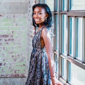 LULUS TAWNY BLUE METALLIC LACE MINI DRESS